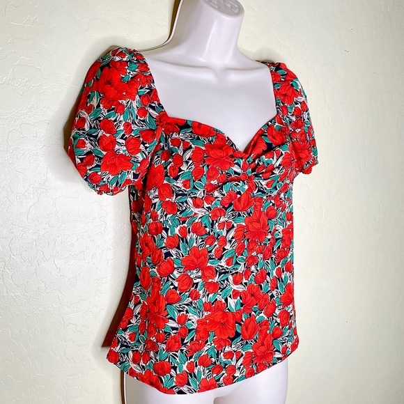 Floral Print Red and Green Puff Sleeve Blouse Top Size Small S - Picture 4 of 16